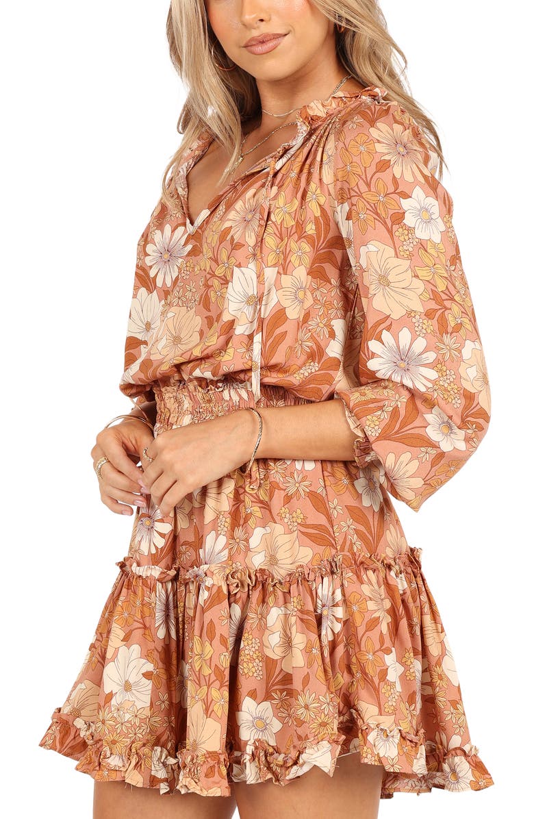 Petal & Pup Kealan Floral Print Smocked Long Sleeve Tiered Minidress, Alternate, color, Brown