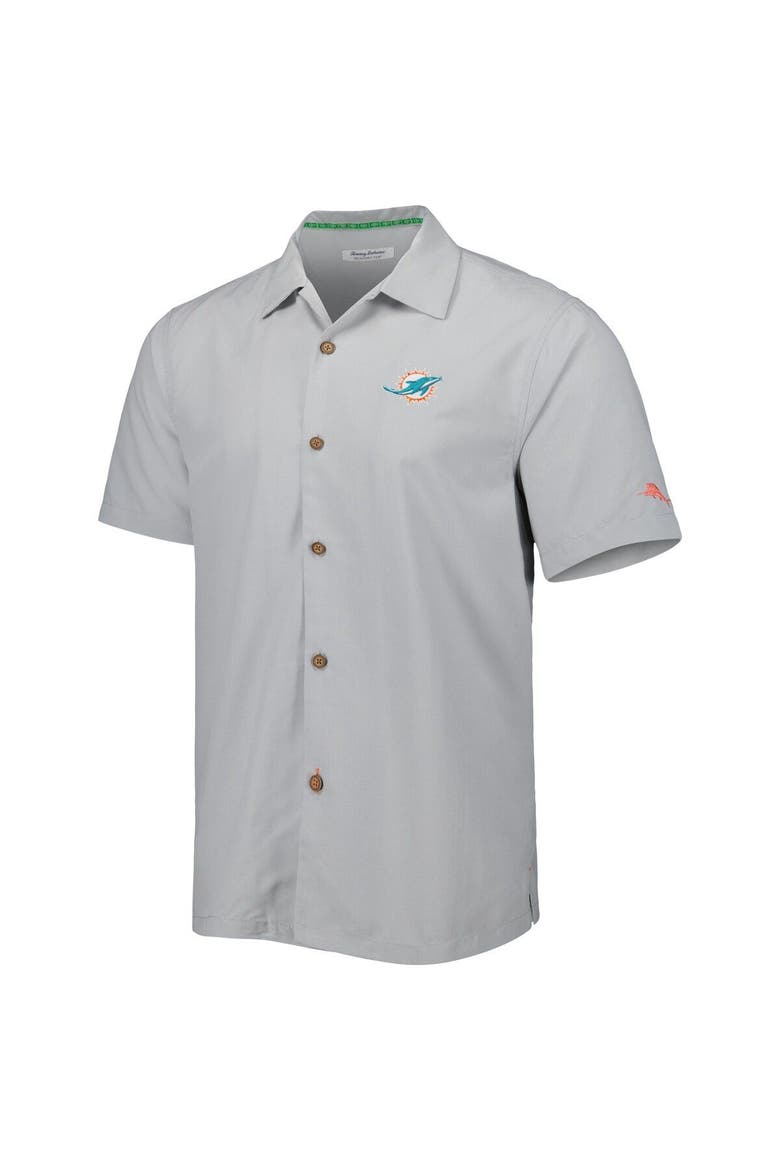 Men's Tommy Bahama Gray Miami Dolphins Coconut Point Frondly Fan Camp IslandZone Button-Up Shirt, Alternate, color, Gray