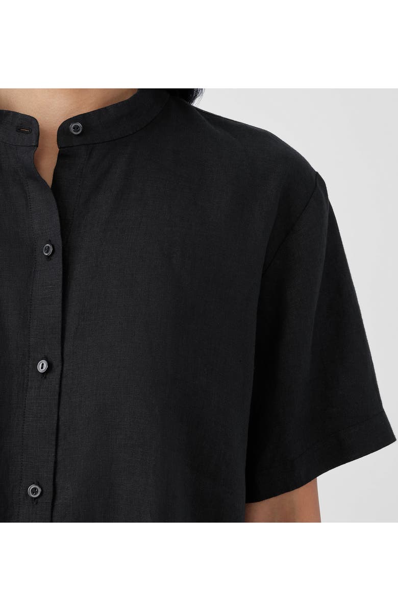 Eileen Fisher Band Collar Short Sleeve Organic Linen Button-Up Shirt, Alternate, color, Black
