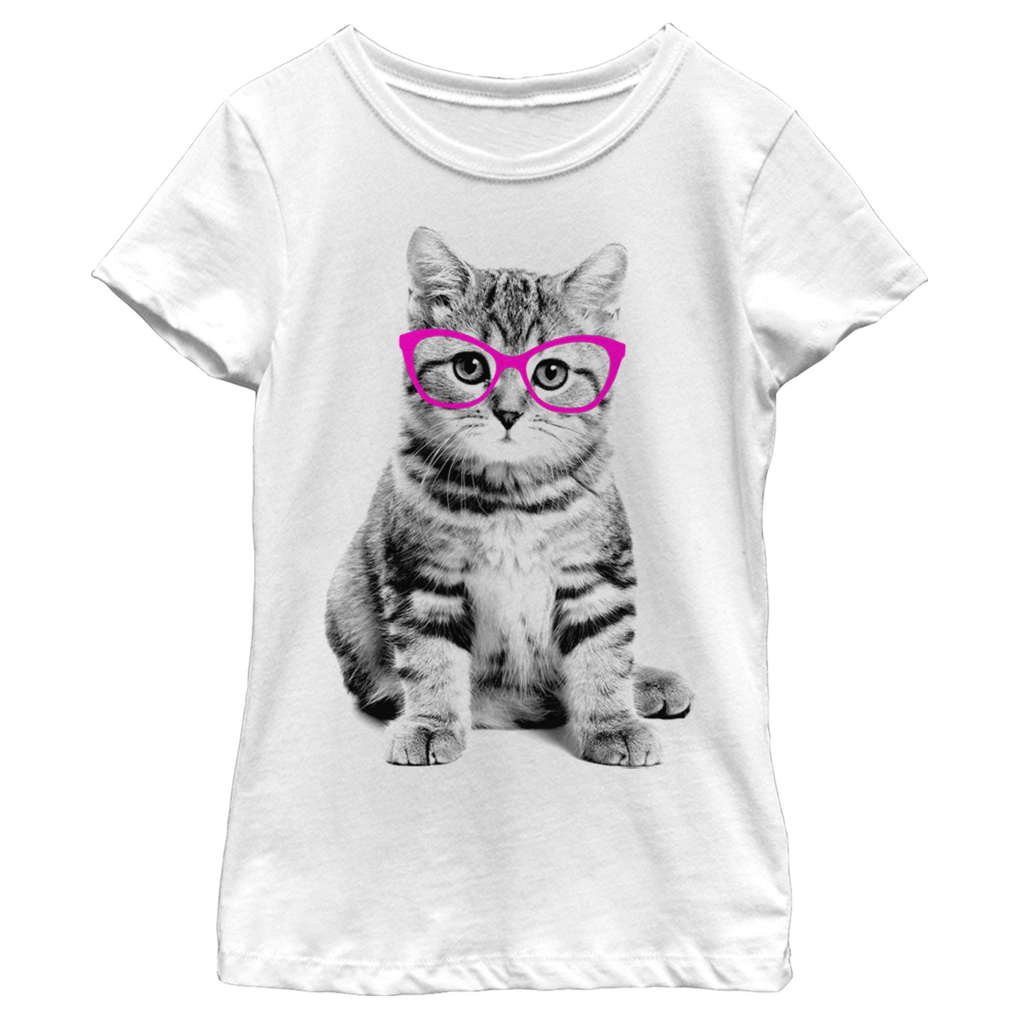 Girl's Lost Gods Fluffy Kitten in Pink Glasses  Graphic T-Shirt in White 