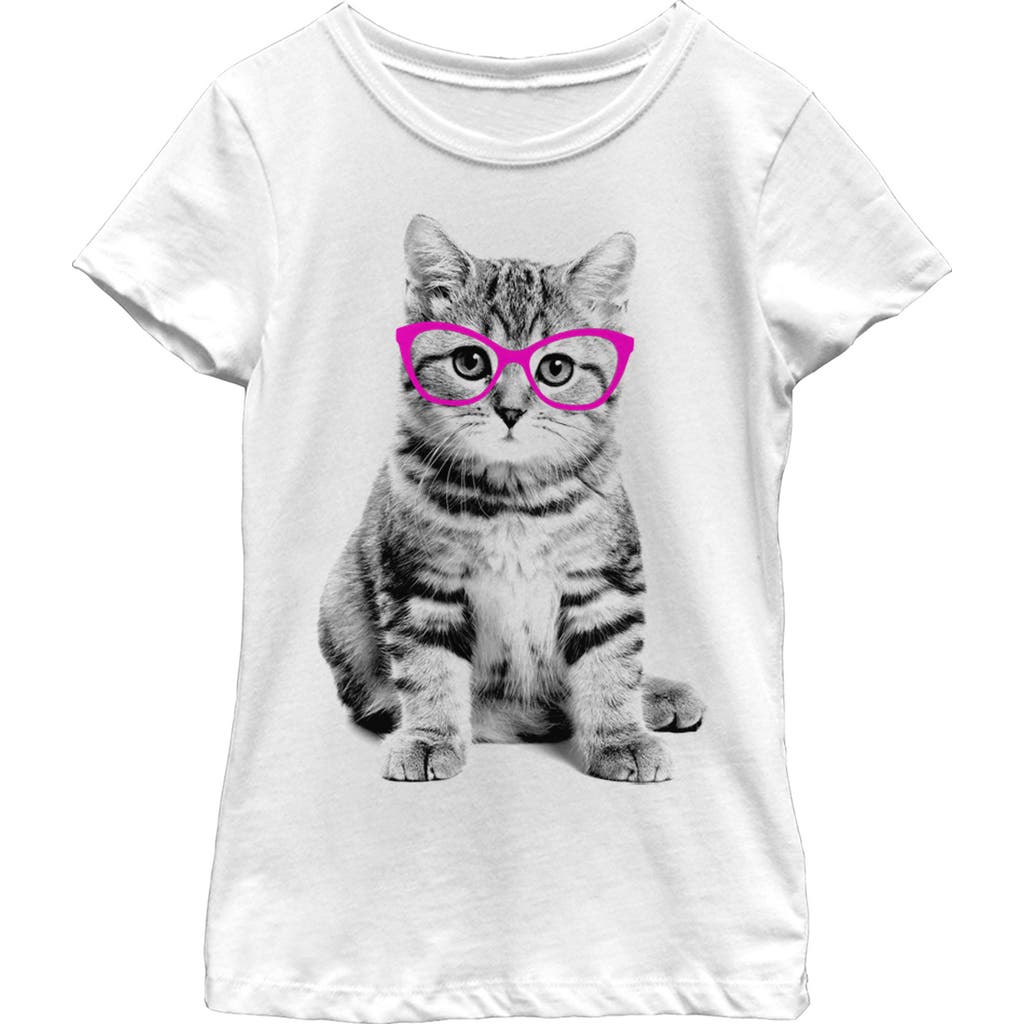 Girl's Lost Gods Fluffy Kitten in Pink Glasses  Graphic T-Shirt in White  product