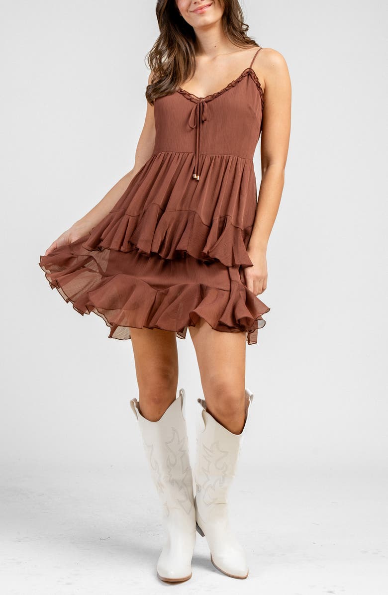 Beivy Yoryu Chiffon Tiered Minidress, Alternate, color, Brown
