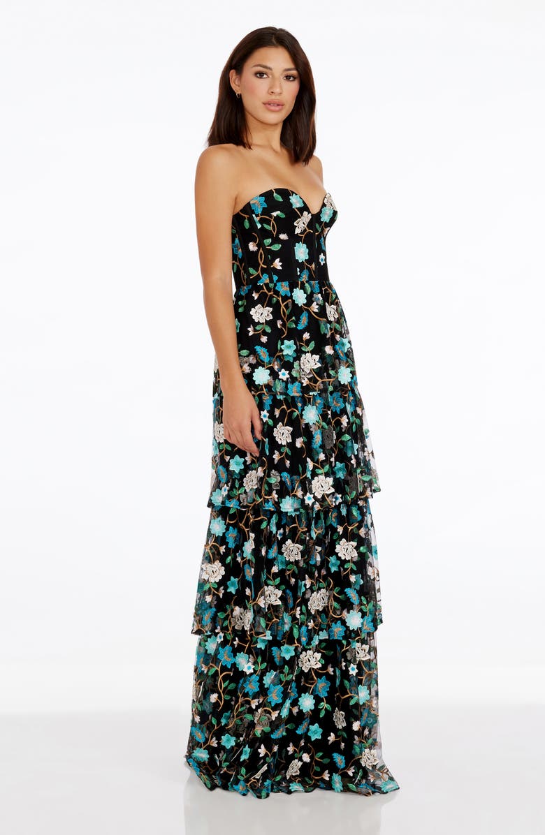Dress the Population Layana Floral Embroidery Strapless Gown, Alternate, color, Turquoise Multi