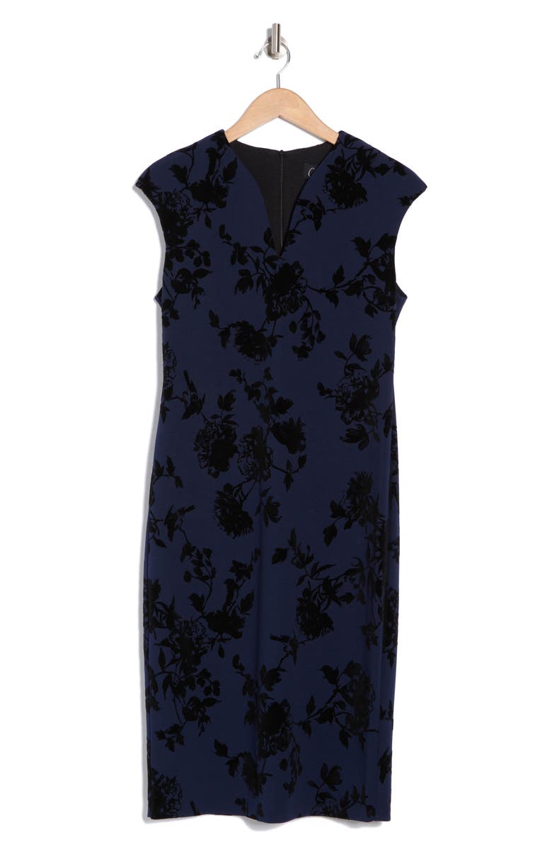 Connected Apparel Floral Flocked Scuba Knit Sheath Dress, Alternate, color, Midnight