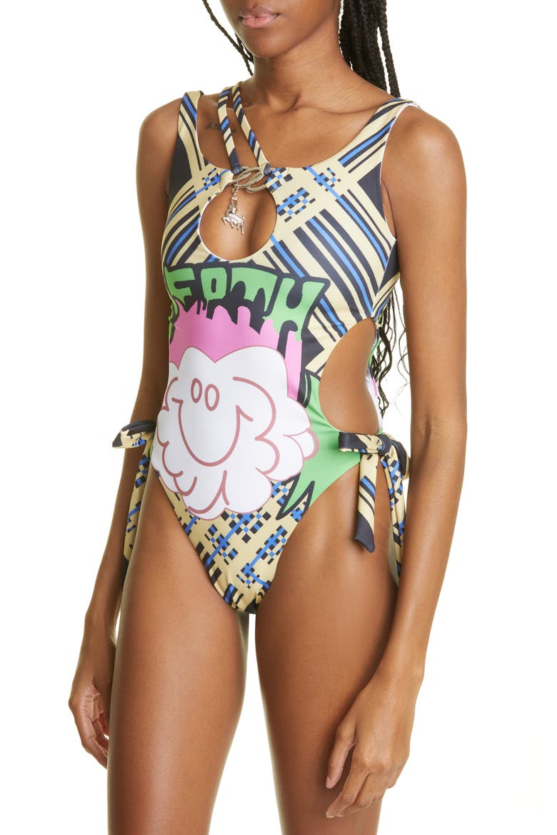 Happy Death Cloud Cutout One-Piece Swimsuit, Alternate, color, BLACK/ GREEN/ PINK MULTI