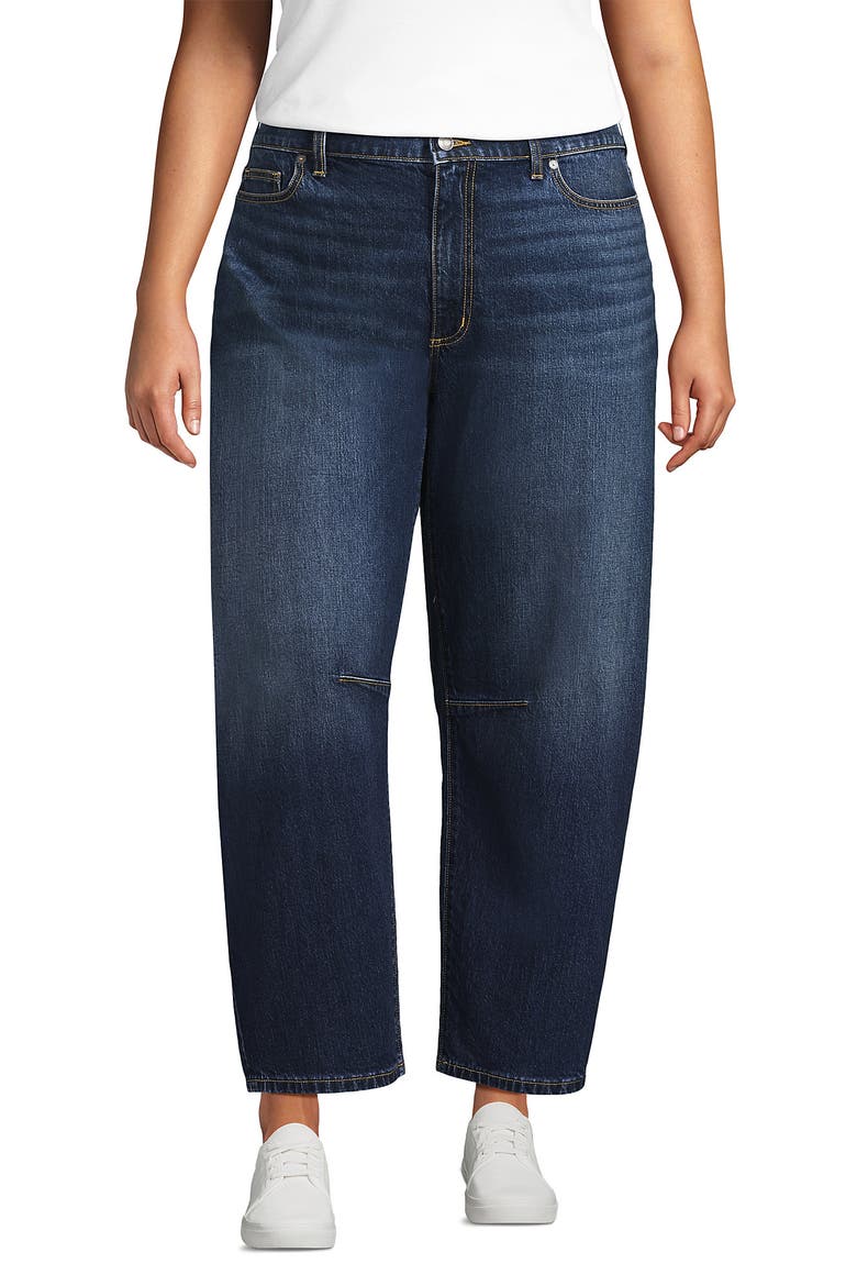 Plus Size Soft Denim Mid Rise Relaxed Barrel Ankle Jeans, Main, color, Dark Indigo Blue Wash