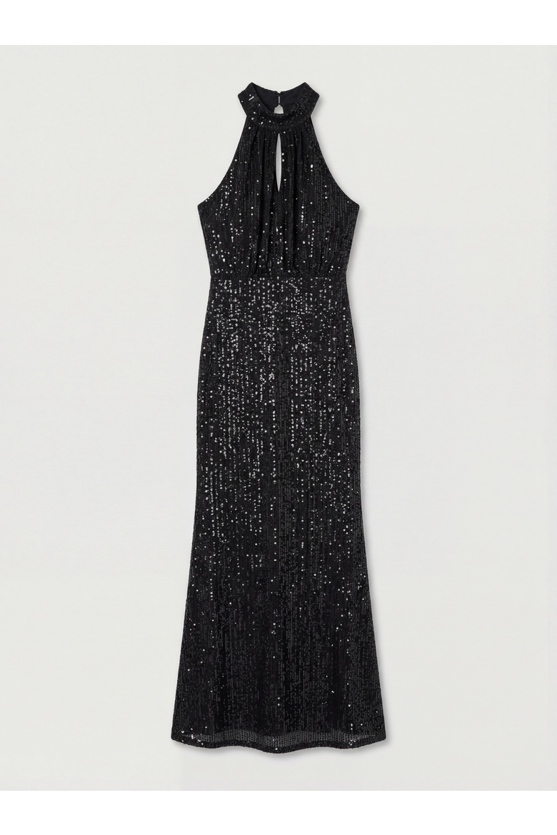 Halterneck Sequin Bridesmaid Maxi Dress, Alternate, color, Black