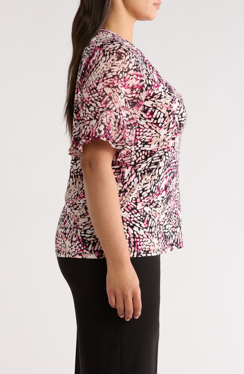 AK ANNE KLEIN Abstract Print Ruffle Elbow Sleeve Top, Alternate, color, Pink Berry Multi