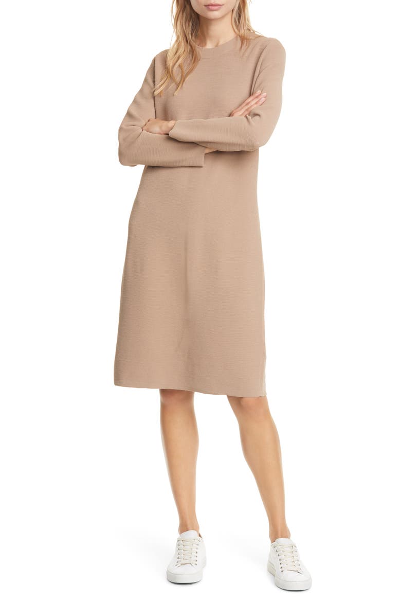 Long Sleeve Ribbed Sweater Dress, Main, color, TAN
