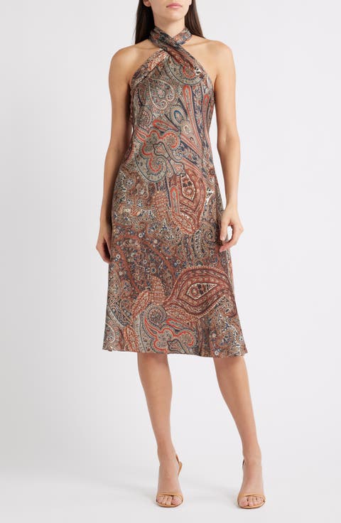 Paisley Charmeuse Halter Cocktail Dress