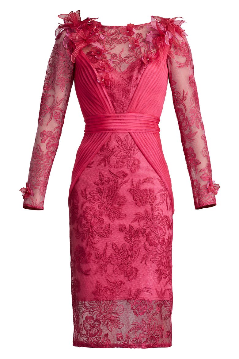 Floral Appliqué Long Sleeve Cocktail Dress, Alternate, color, WATER LILY