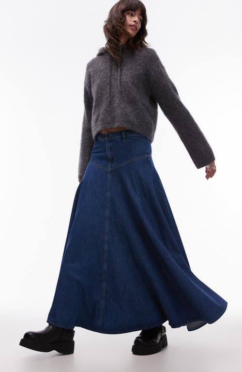 Shop Topshop A-line Denim Maxi Skirt In Medium Blue