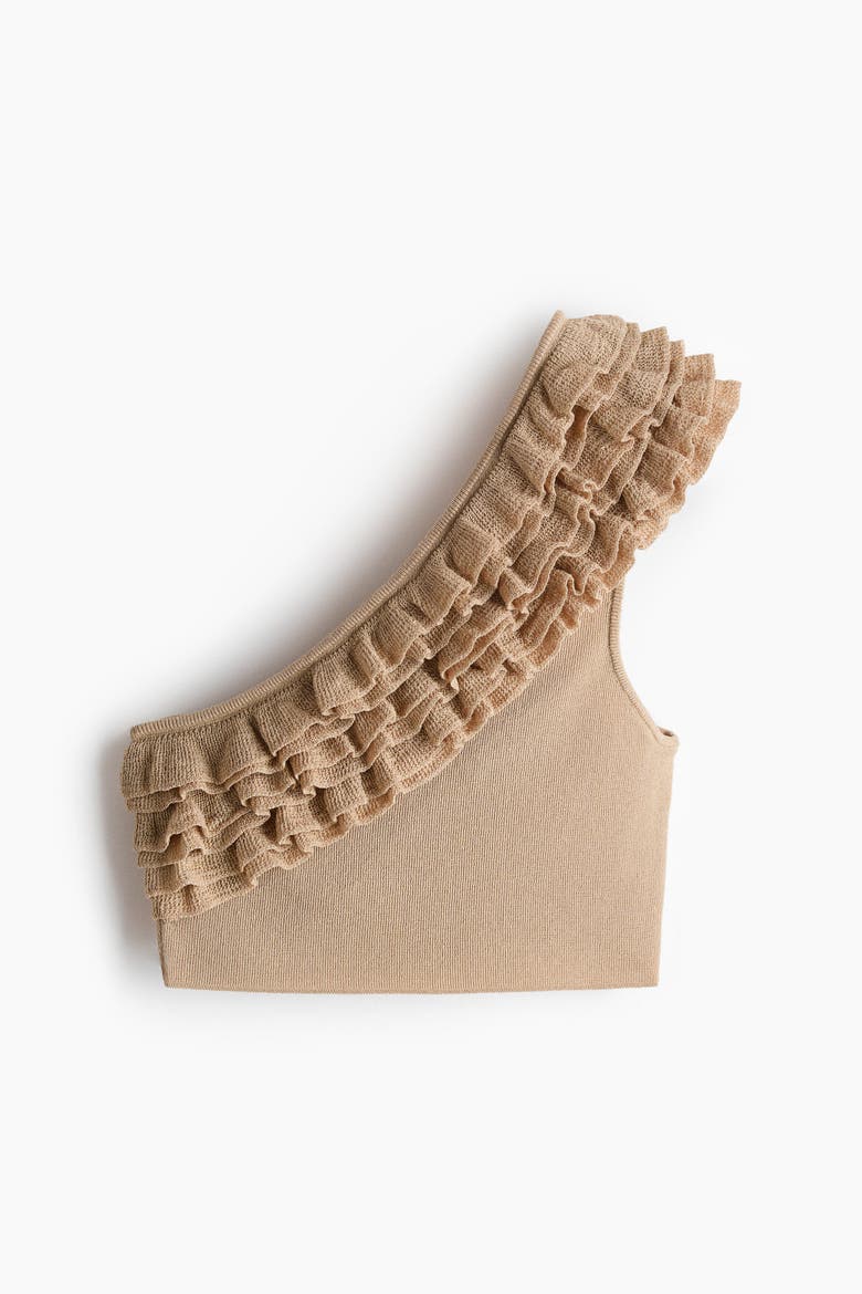Ruffled One-shoulder Crop Top, Alternate, color, Beige
