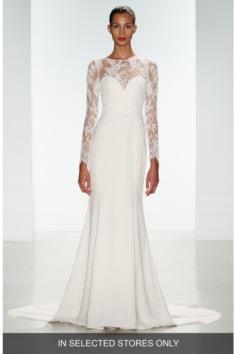 Noelle Long Sleeve Lace & Crepe Gown, Alternate, color, IVORY