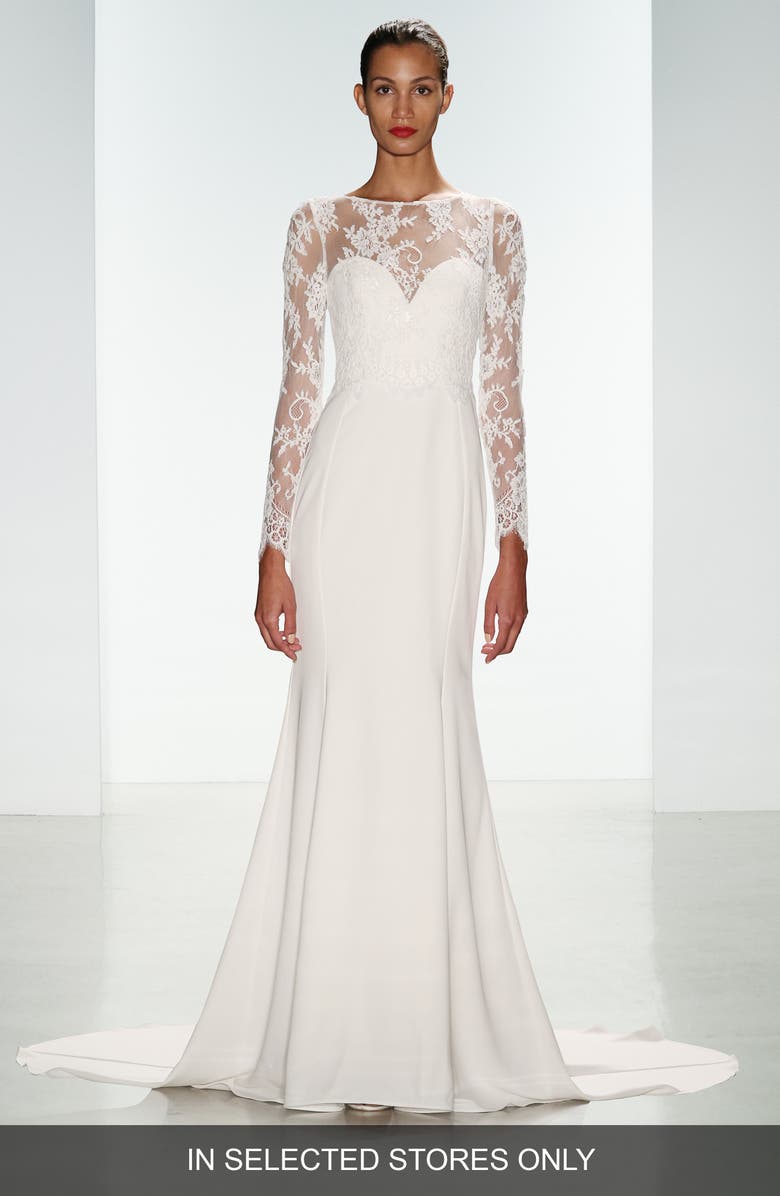 nouvelle AMSALE Noelle Long Sleeve Lace & Crepe Gown, Alternate, color,