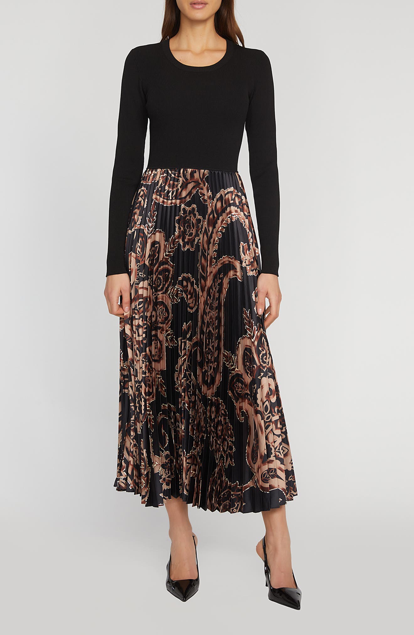 Elie Tahari Mave Long Sleeve Mixed Media Maxi Dress in Noir Black/Mystical Paisley 