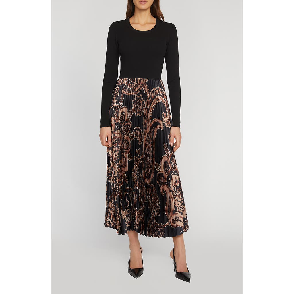 Elie Tahari Mave Long Sleeve Mixed Media Maxi Dress in Noir Black/Mystical Paisley