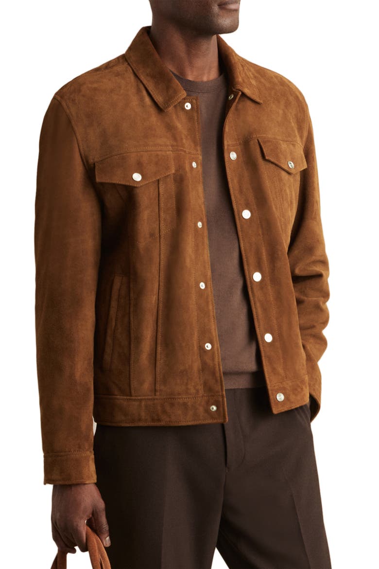 tobacco trucker jacket High Low 1.4mm Suede Hand Made Quality Like all of our premium motorcycle riding jeans and riding jackets Reiss Suede Press Stud Trucker