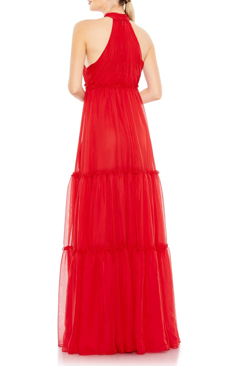 Mac Duggal Ruched Tiered High Neck Bow A Line Gown, Alternate, color, Red