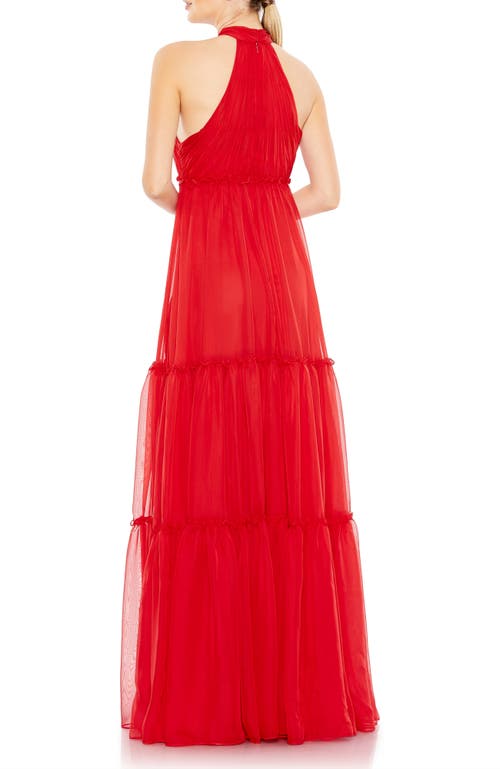 Mac Duggal Ruched Tiered High Neck Bow A Line Gown In Red