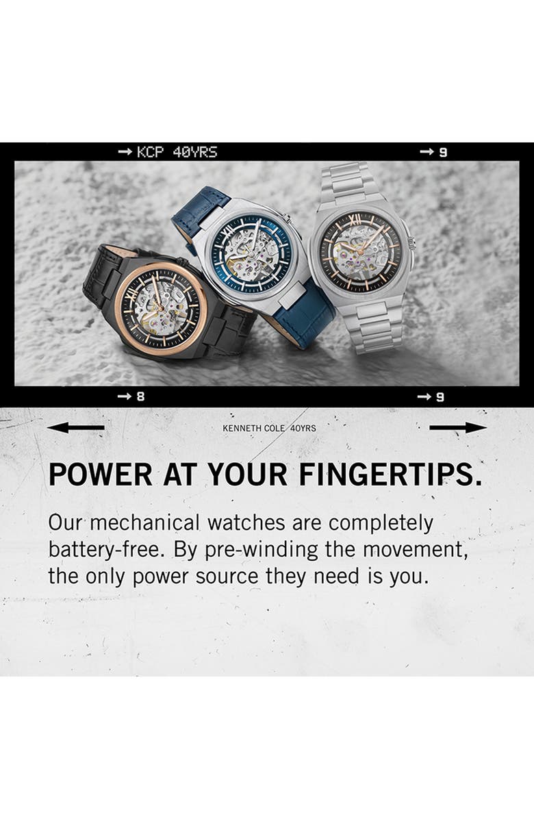 Kenneth Cole Mechanical Embossed Leather Strap Watch, 25mm, Alternate, color, 