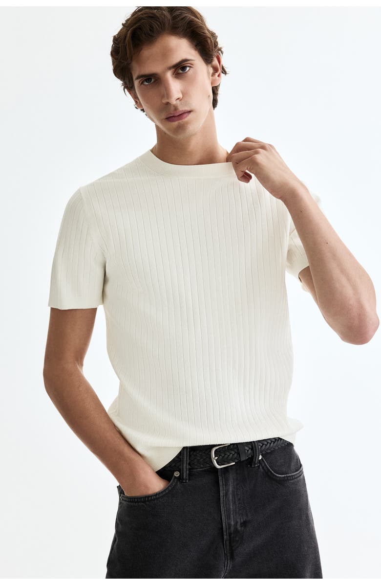 H&M Slim Fit Knitted T-shirt, Alternate, color, Cream