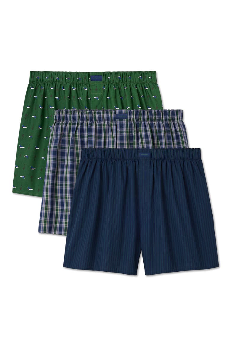 Assorted 3-Pack Woven Cotton Boxers, Main, color, SITTING DUCK/CAB PLAID/ BLUE