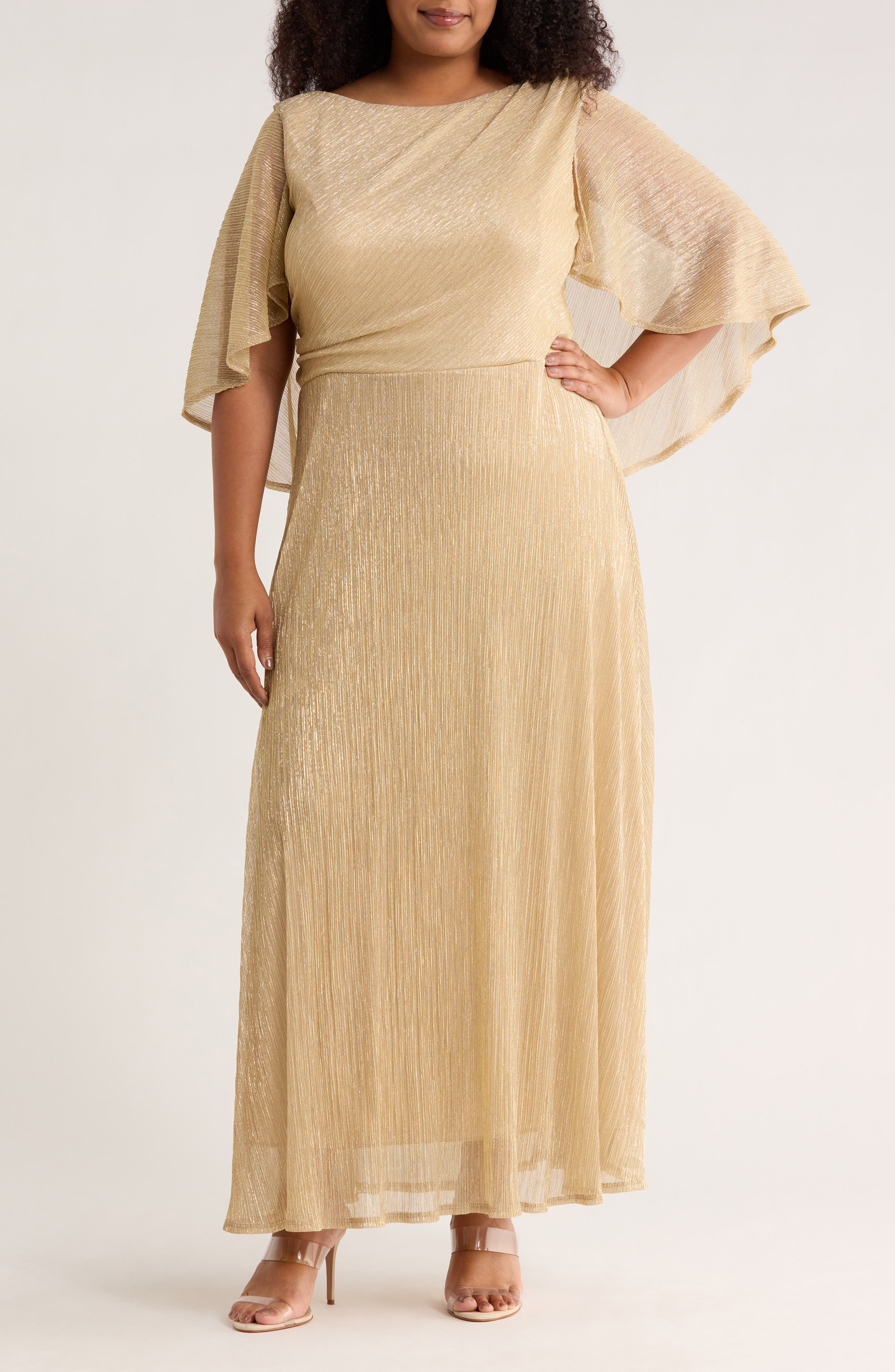 Oleg Cassini Capelet Metallic Pleated Gown