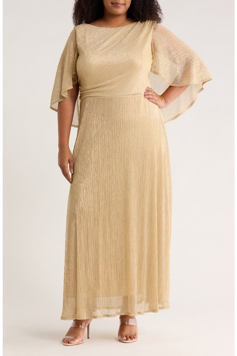 Capelet Metallic Pleated Gown, Main, color, GOLD