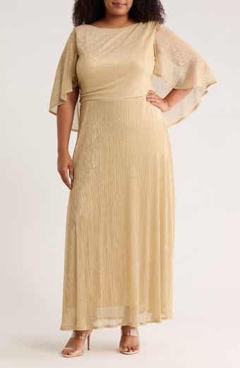 Oleg Cassini Capelet Metallic Pleated Gown