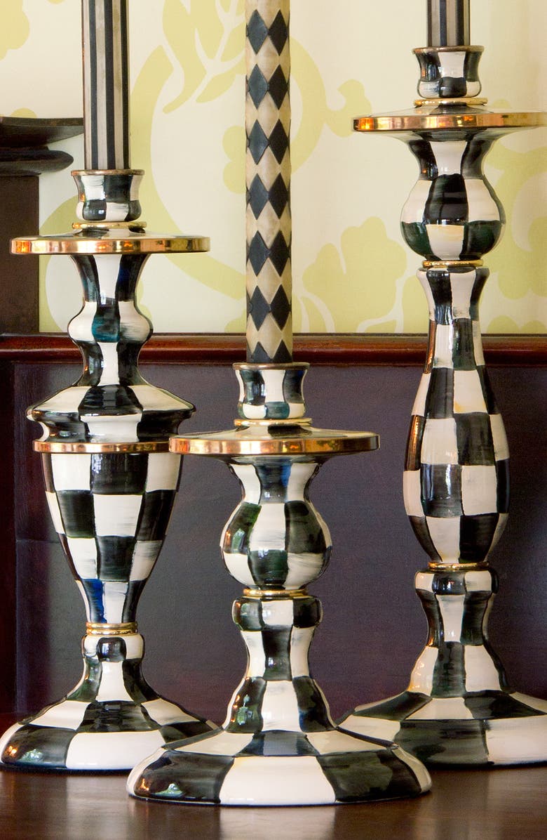 MACKENZIE CHILDS Courtly Check Medium Enameled Steel Candleholder, Alternate, color, Black/ White