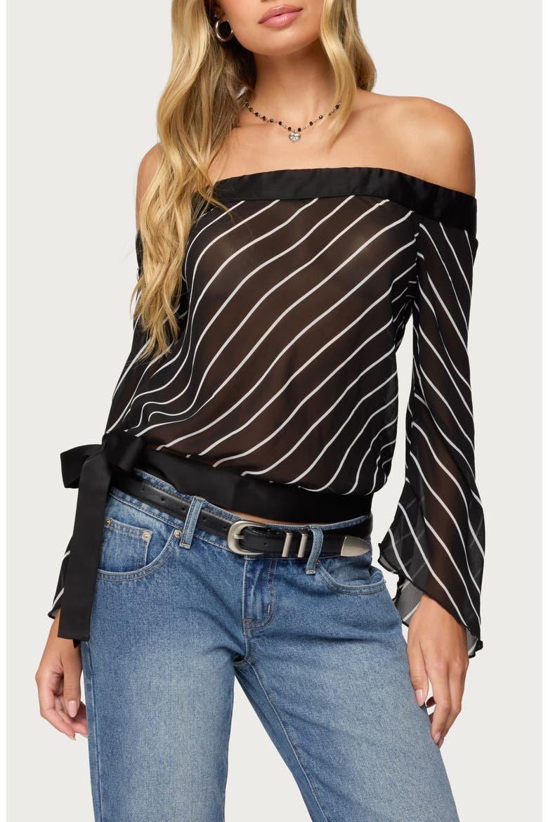 Stripe Off the Shoulder Mesh Top, Main, color, BLACK