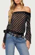EDIKTED Stripe Off the Shoulder Mesh Top