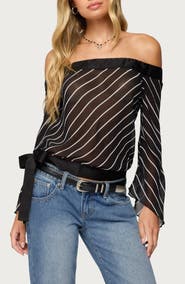 EDIKTED Stripe Off the Shoulder Mesh Top