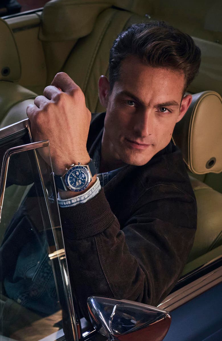 Timex<sup>®</sup> Q Chronograph Leather Strap Watch, 40mm, Alternate, color, Blue