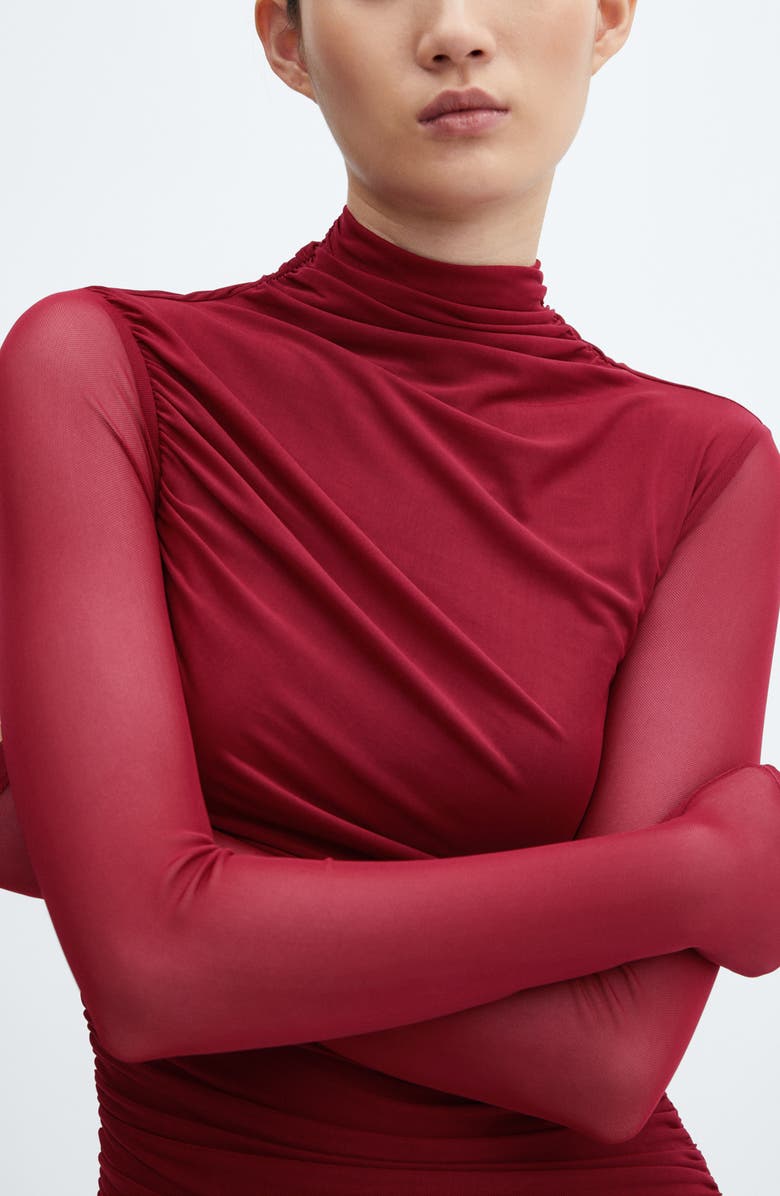 MANGO Ruched Long Sleeve Mesh Minidress, Alternate, color, 