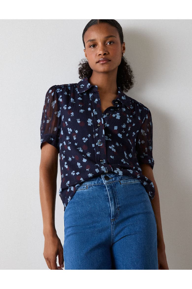Viscose Short Sleeve Pintuck Blouse, Main, color, Navy/Multi