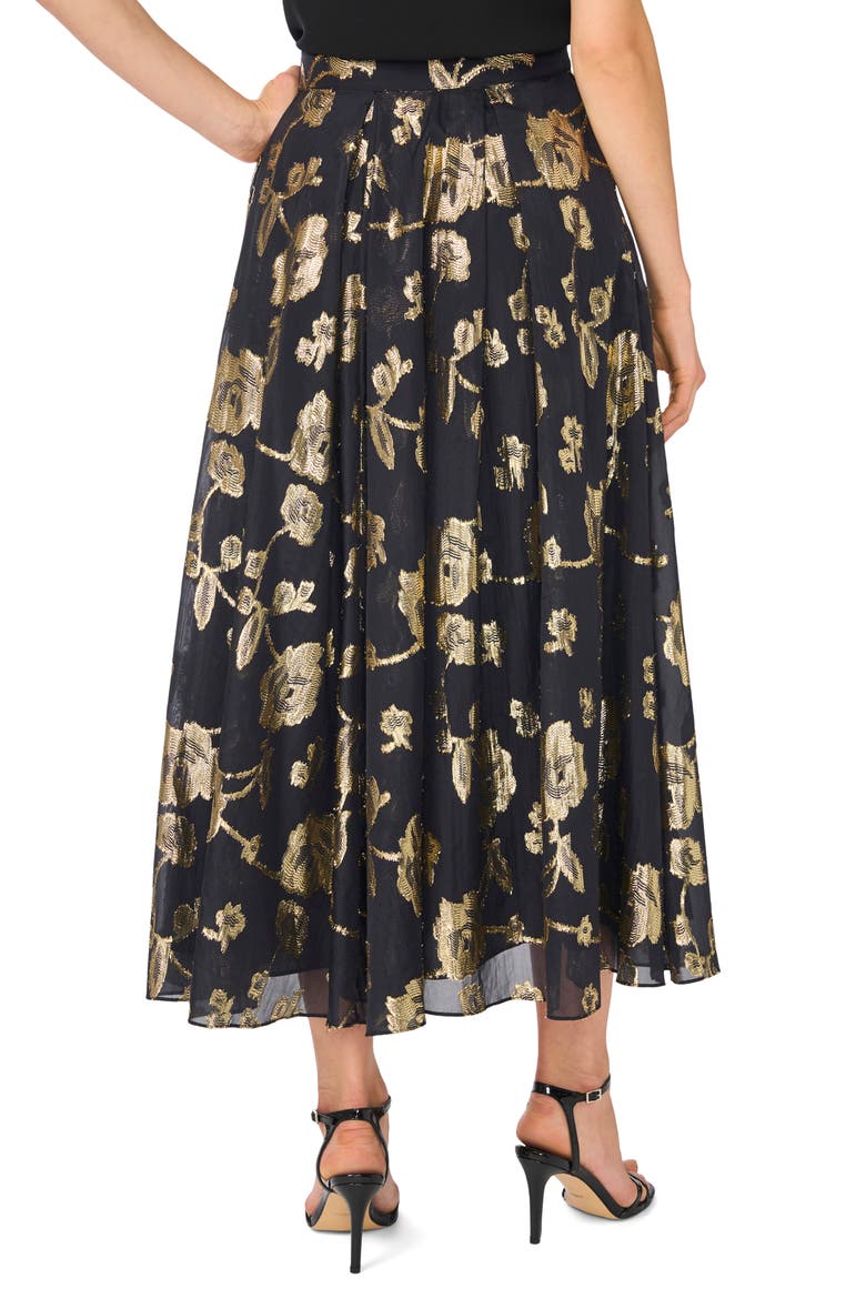 Metallic Floral Box Pleat Midi Skirt, Alternate, color, RICH BLACK