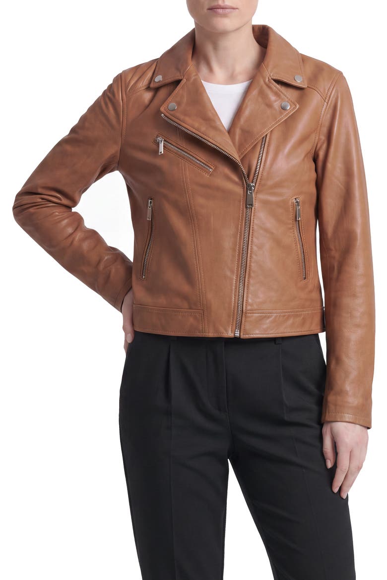 Asymmetrical Leather Moto Jacket, Main, color, COGNAC