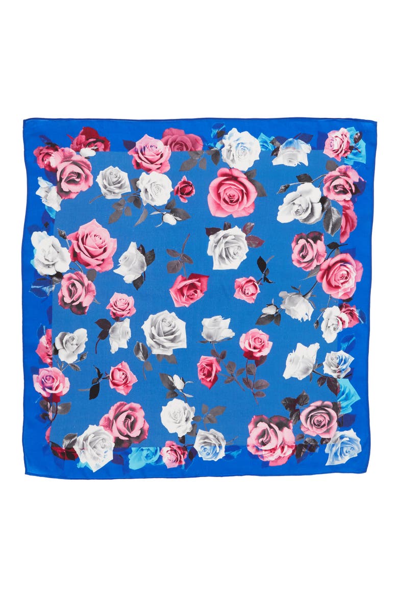 Print Silk Scarf, Alternate, color, BLUE GLAM ROCK ROSE PRINT