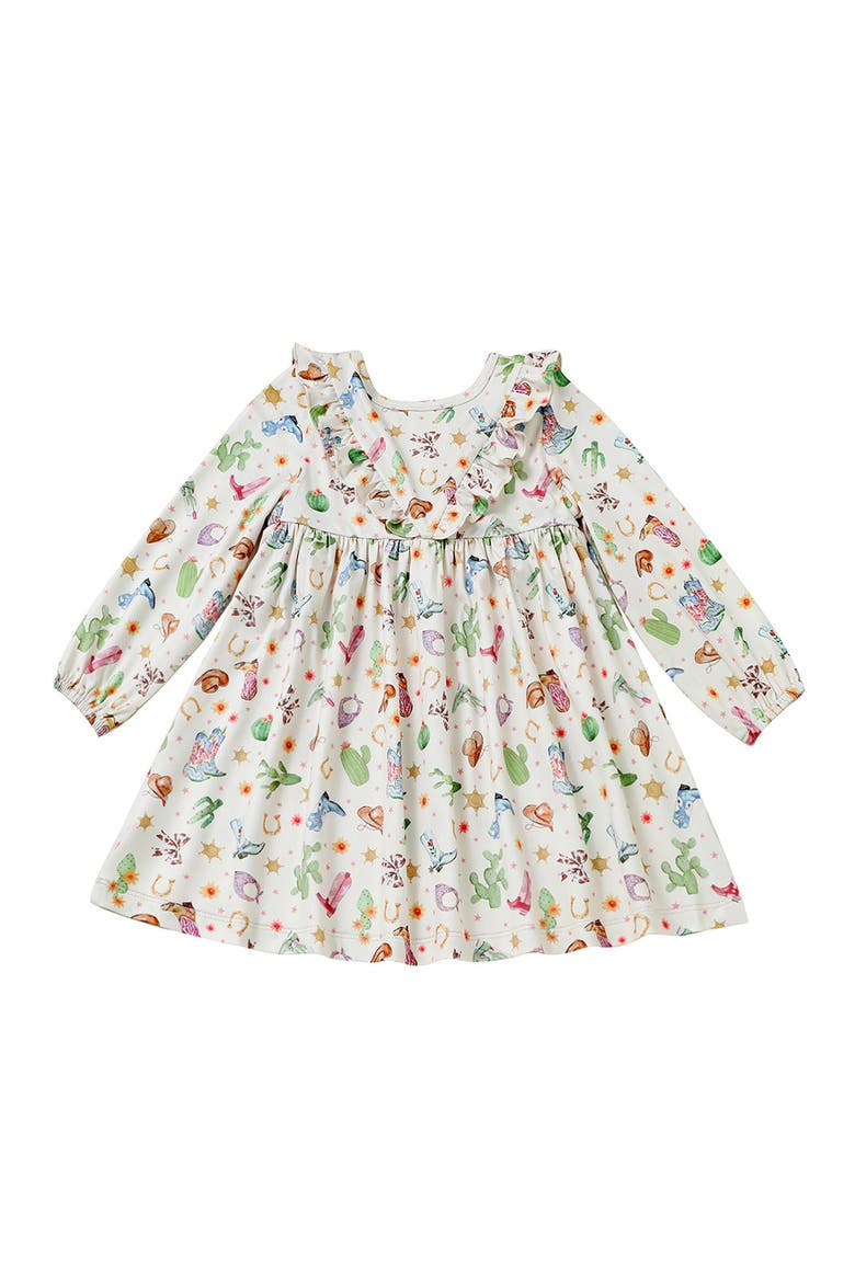 Cactus Kisses Long Sleeve Western Print Ruffle Yoke Dress, Alternate, color, Blue