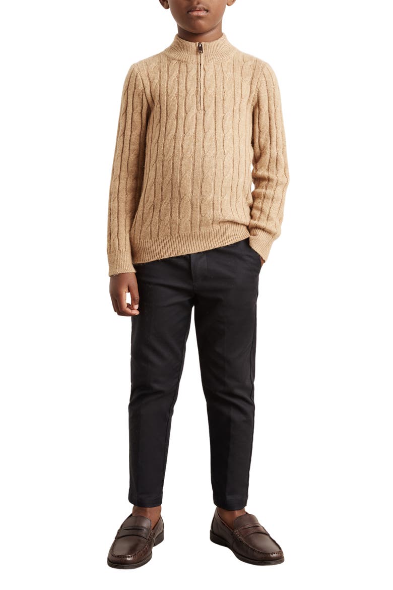 Kids' Clovelly Quarter Zip Wool Blend Cable Sweater, Alternate, color, CAMEL MELANGE