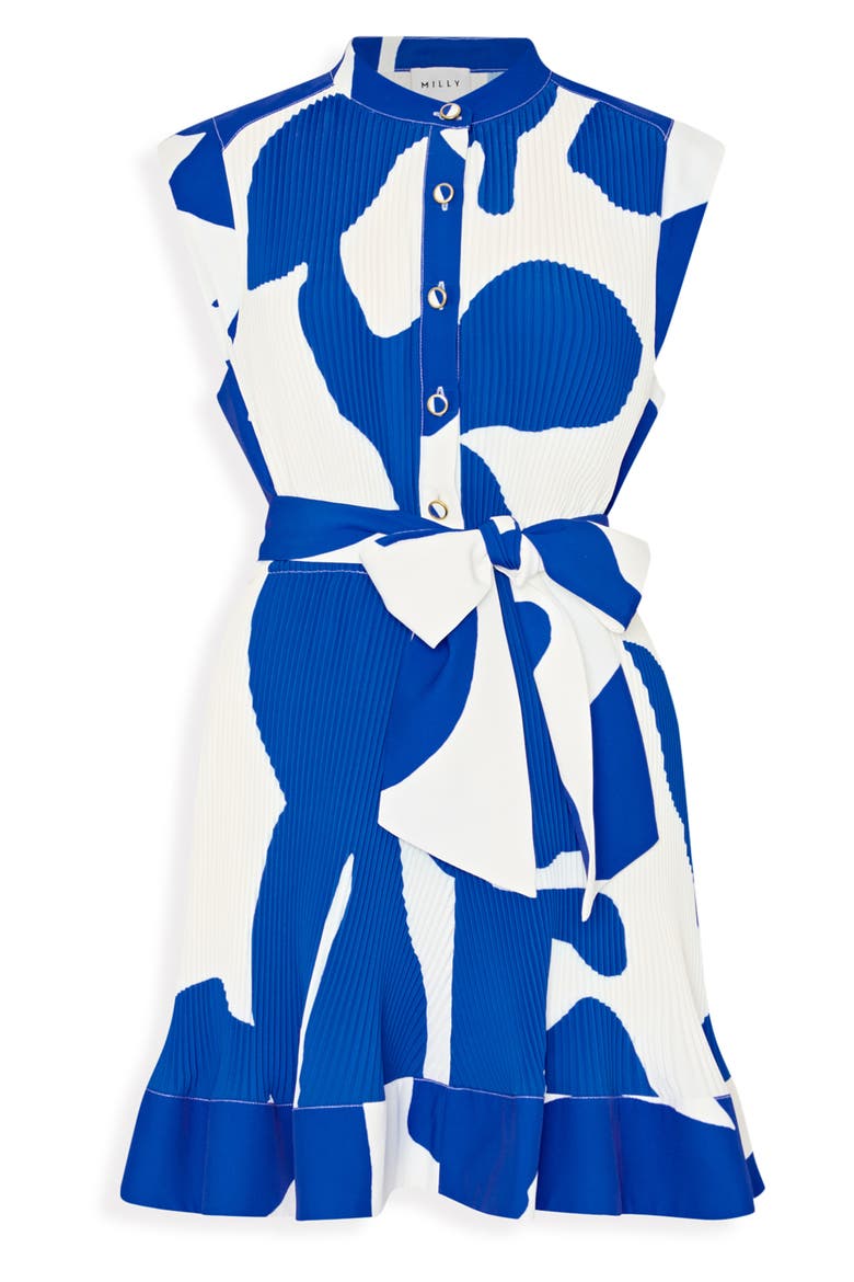 Joan Grand Foliage Pleated Minidress, Alternate, color, BLUE/ WHITE