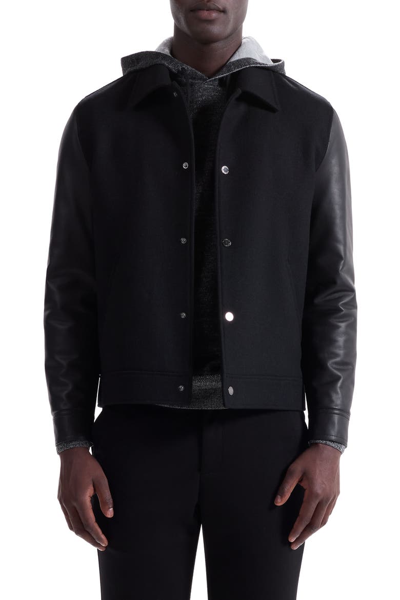 Leather Sleeve Tweed Jacket, Main, color, BLACK