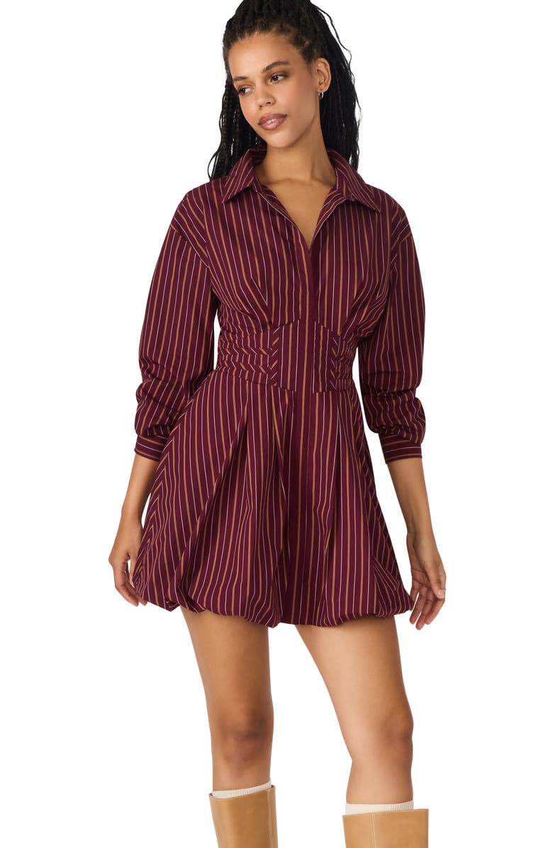 Steve Madden Arielle Long Sleeve Bubble Hem Cotton Mini Shirtdress, Alternate, color, Wine