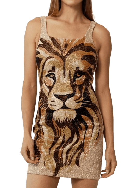 Lion Hand Beaded Embellished Mini Dress