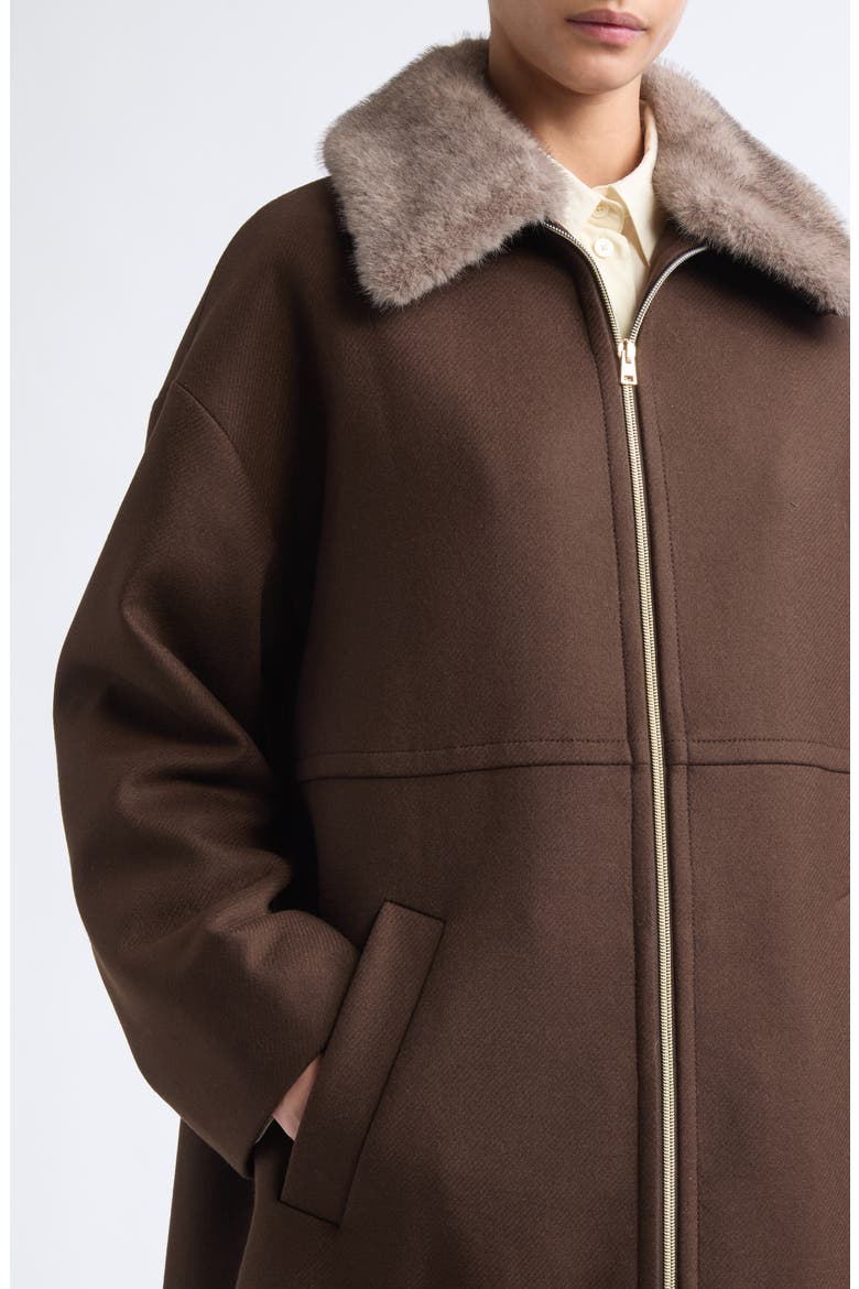 Faux Fur Collar Virgin Wool Blend Coat, Alternate, color, DARK BROWN