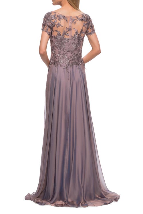 La Femme Floral Embroidery Chiffon Column Gown In Dark Mauve