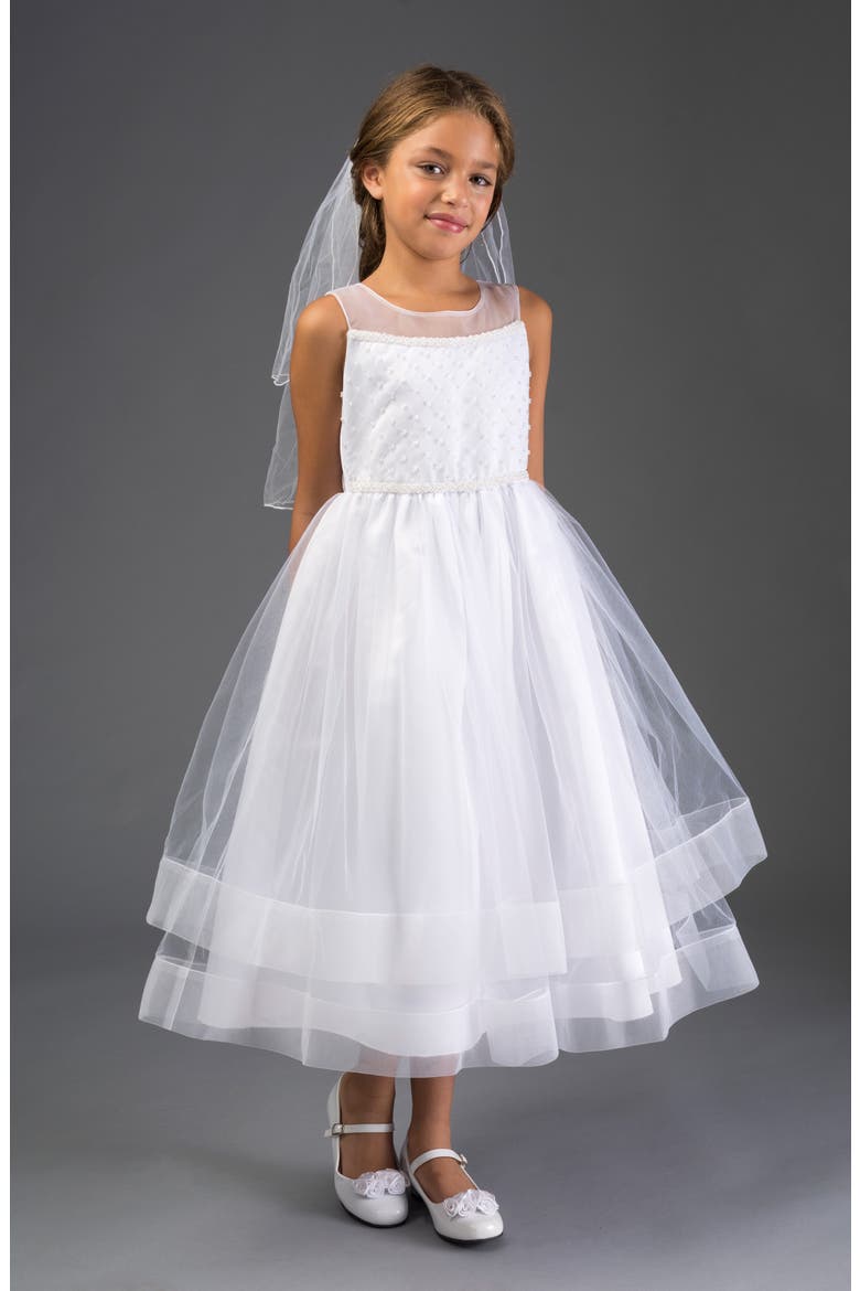 Iris & Ivy Beaded Illusion Tulle First Communion Dress, Alternate, color, WHITE