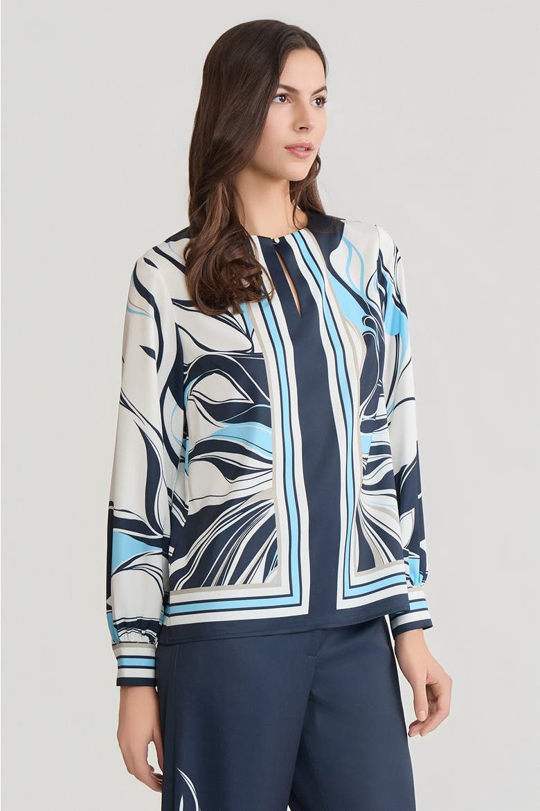Floral Abstract Crepe de Chine Blouse, Alternate, color, Indigo/White/Serene